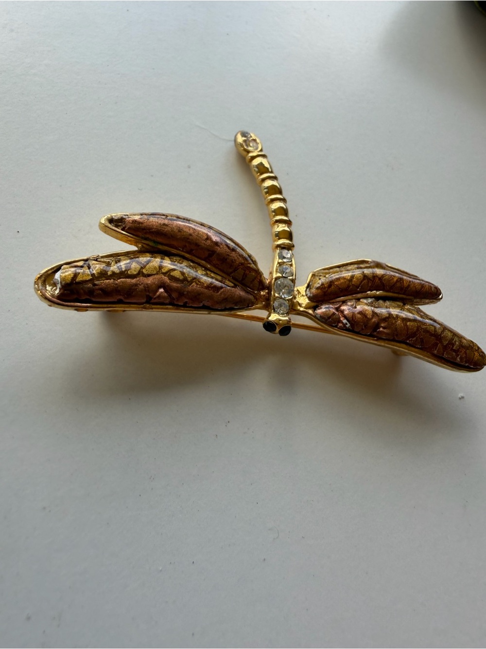 Gold & Copper Dragonfly Brooch with Crystal Accents - Picture 6 of 8